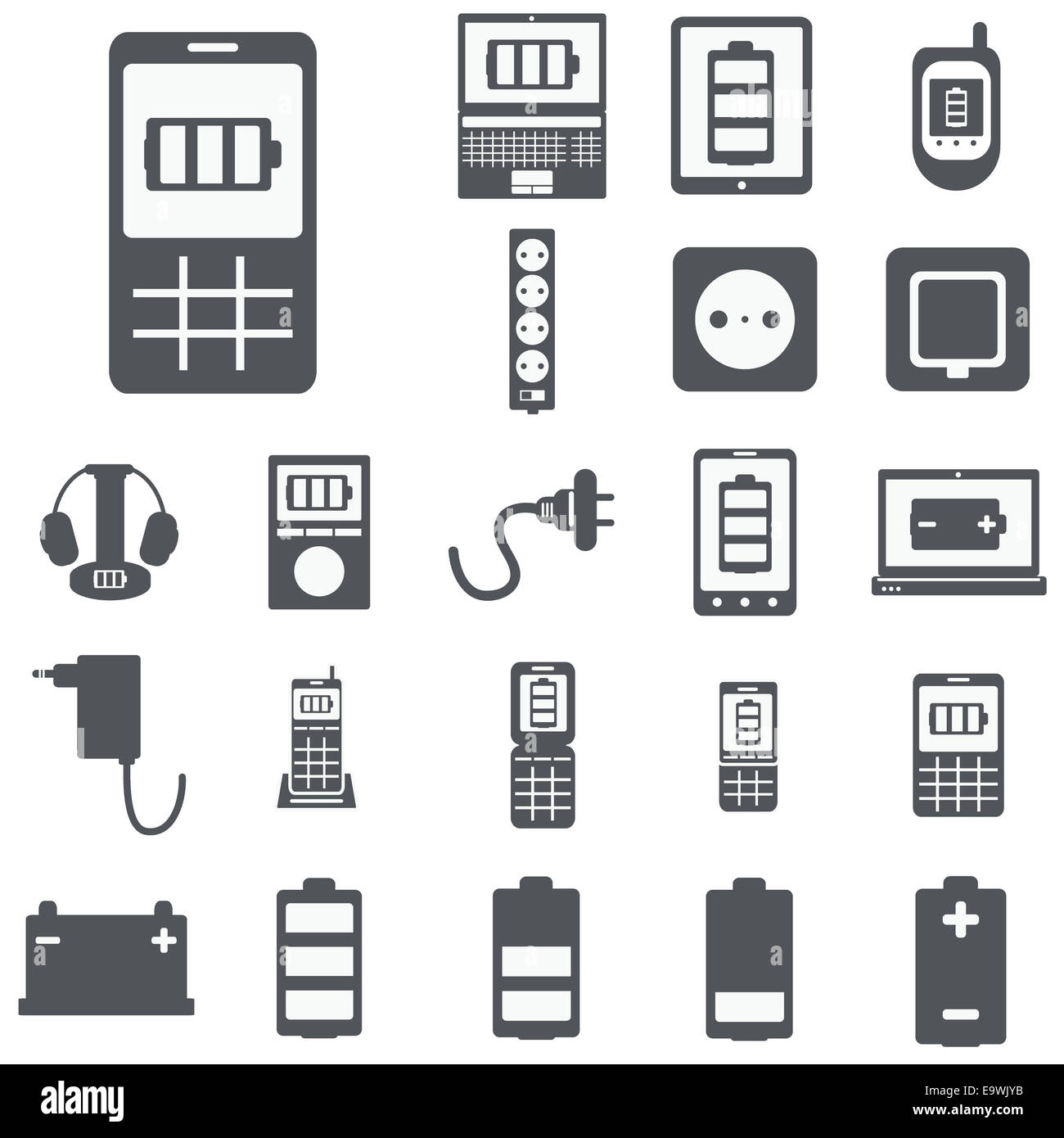 vector set of computer devices charging, battery, indicators, adapters ...
