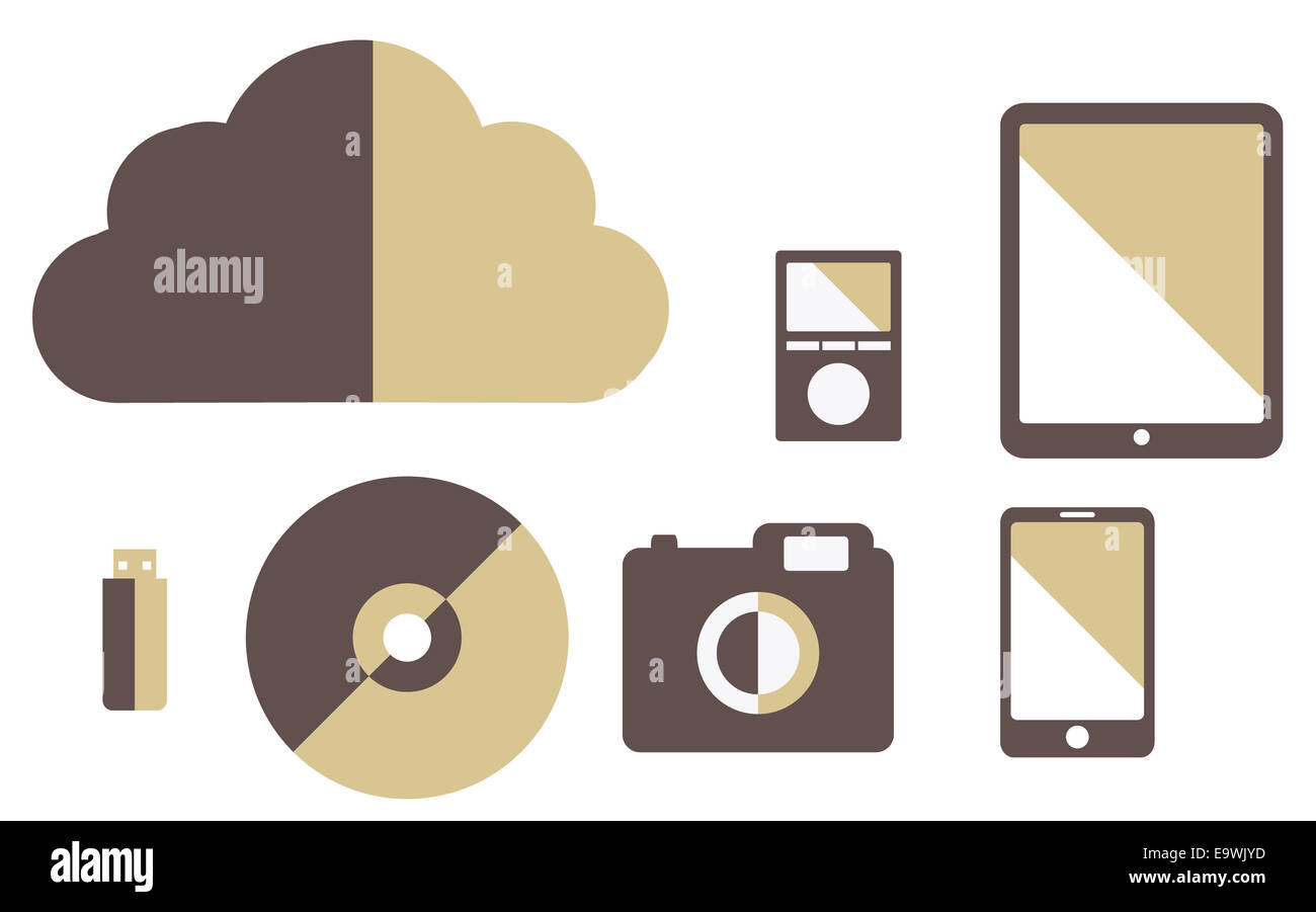 vector collection of media gadgets vintage color cloud, tablet, flash drive, smartphone, camera, player Stock Photo