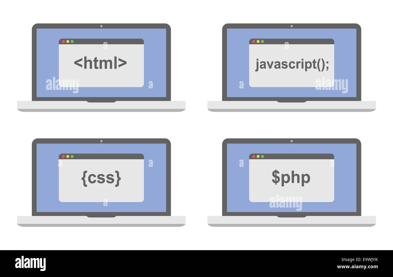 web development icon set - laptop screen shows internet html tags css styles, scripts isolated Stock Photo
