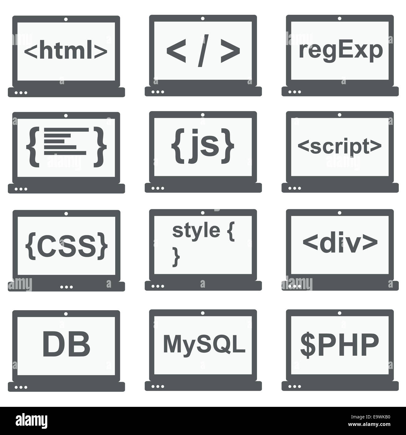 web development icon set - laptop screen shows web html tags, css styles, scripts Stock Photo