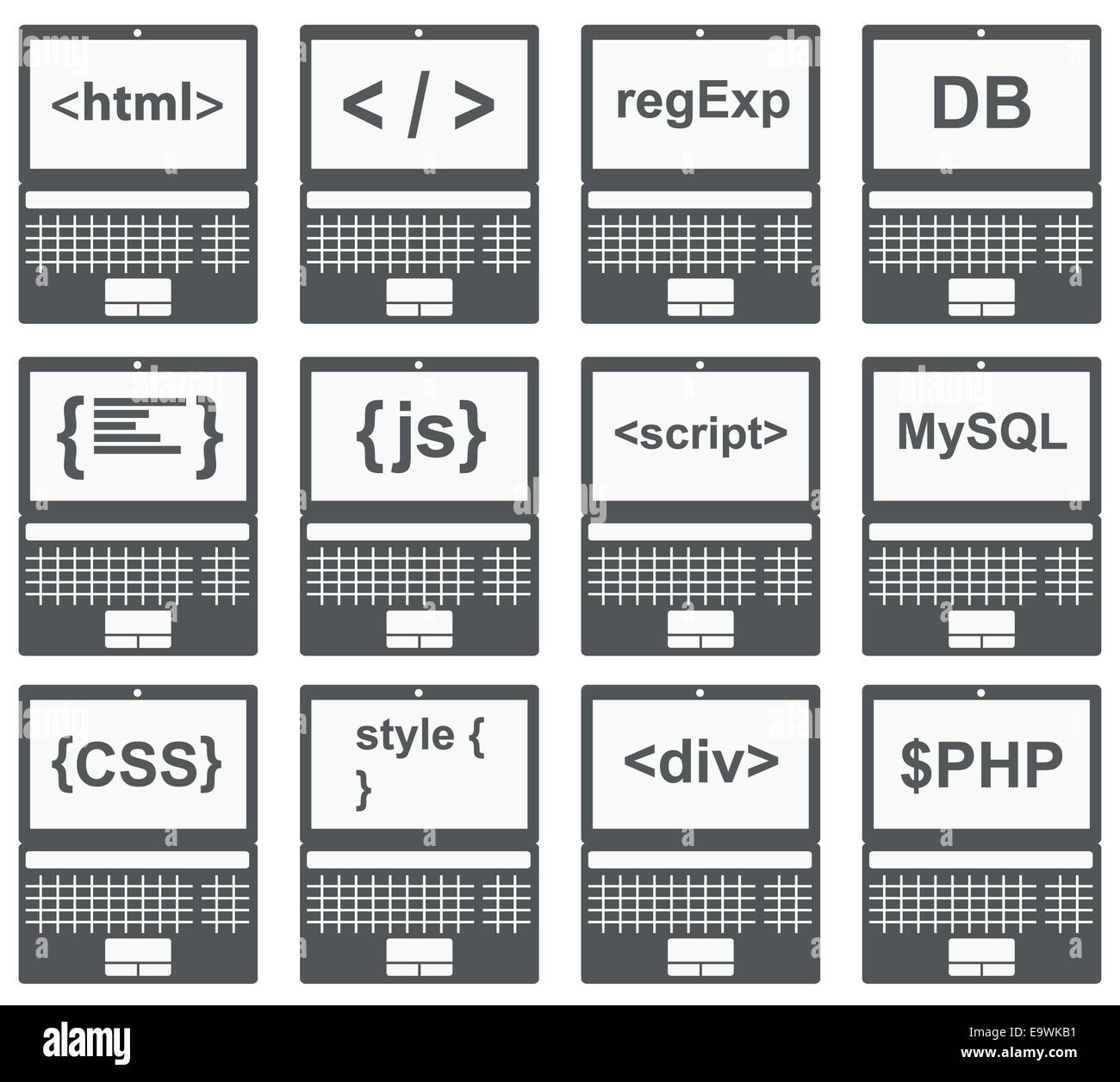 web development icon set - laptop screen shows web html tags, css ...