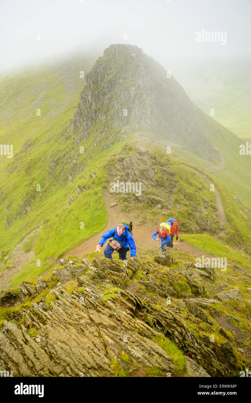 Walkers climbing Helvellyn from Striding Edge in the Lake District