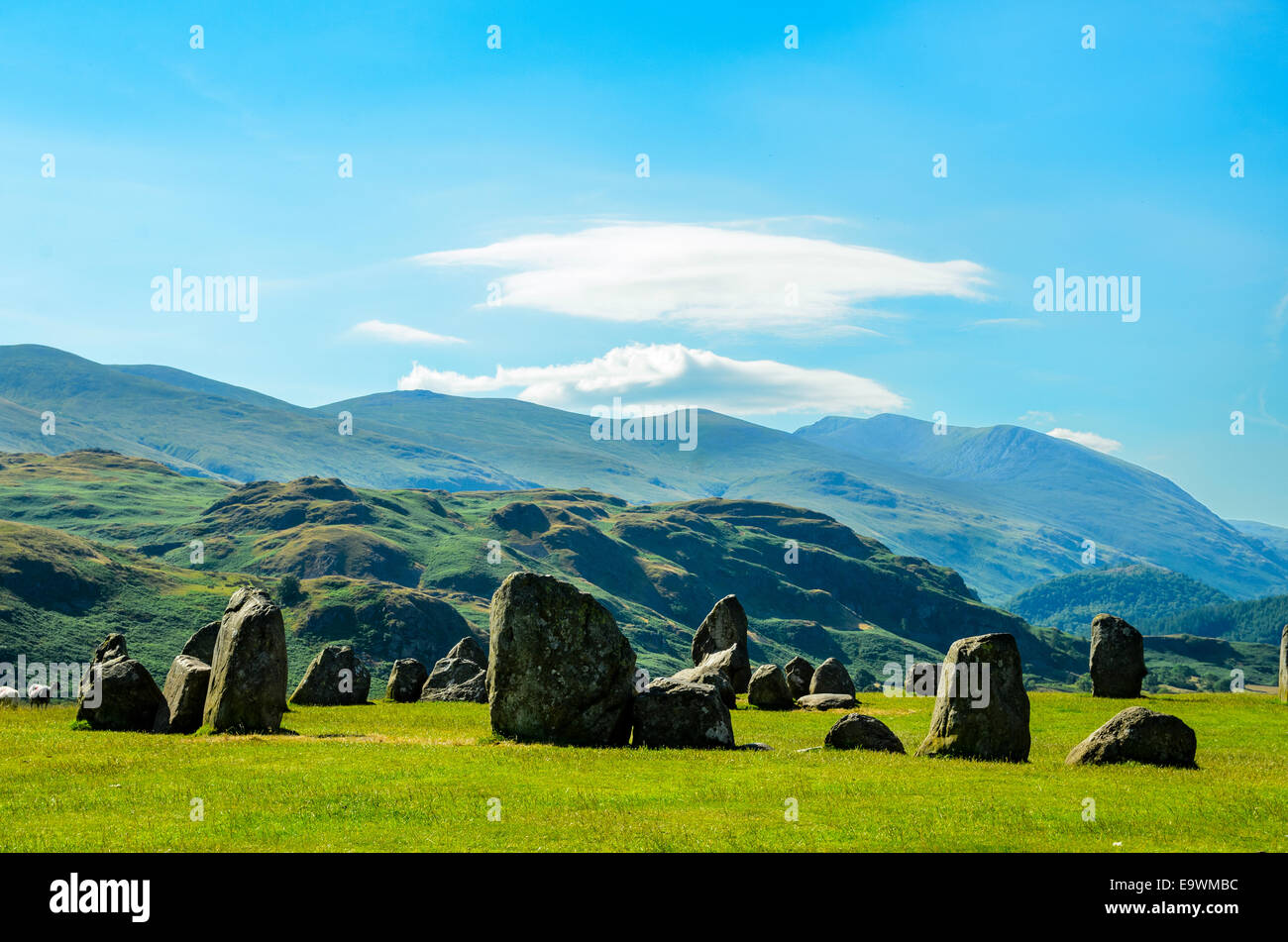 Castlerigg Stone Circle in the Lake District looking towards Helvellyn Stock Photo