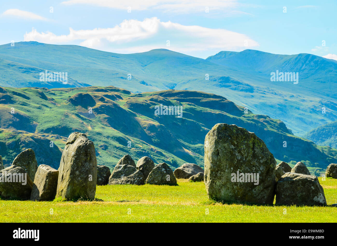 Castlerigg Stone Circle in the Lake District looking towards Helvellyn Stock Photo