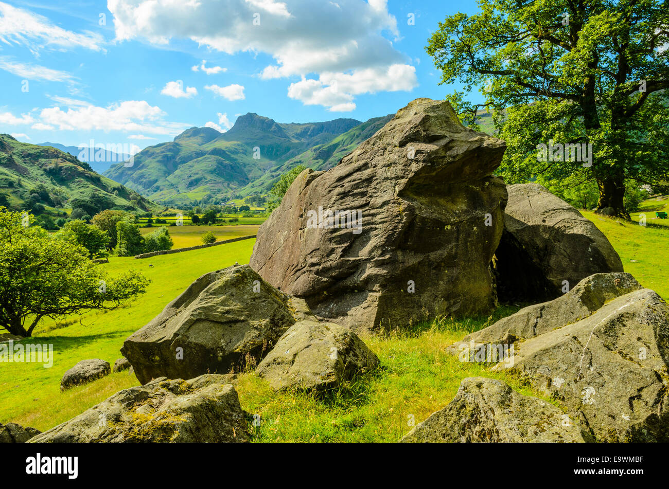 The Langdale Pikes from near Copt Howe in Great Langdale in the Lake District Stock Photo