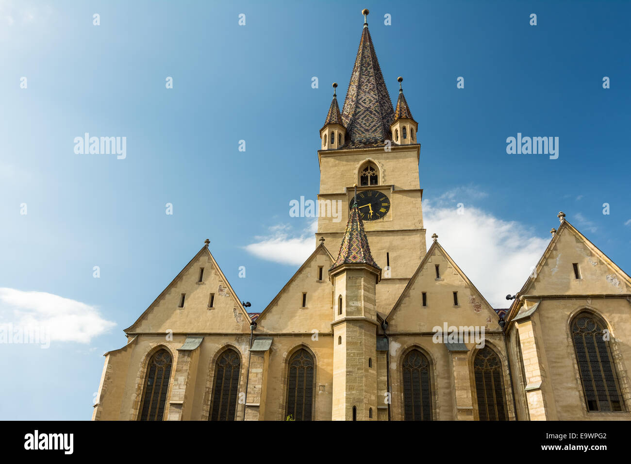 The Lutheran Cathedral of Saint Mary was built in 1530 and is the most famous Gothic-style church in Sibiu, Romania. Stock Photo