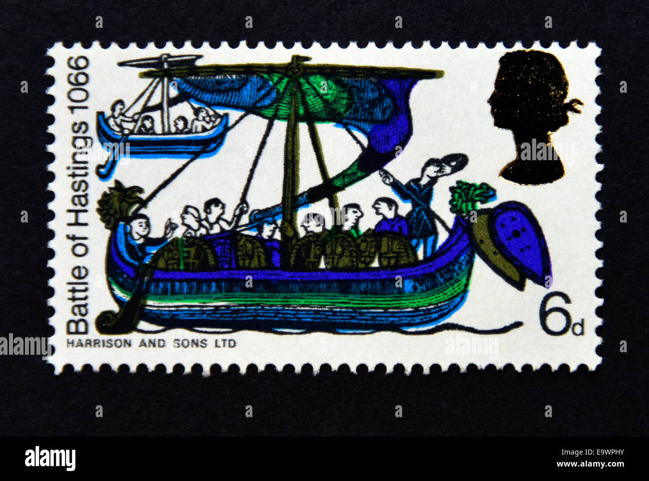 Postage stamp. Great Britain. Queen Elizabeth II. 900th Anniversary of the Battle of Hastings. 1966. Stock Photo