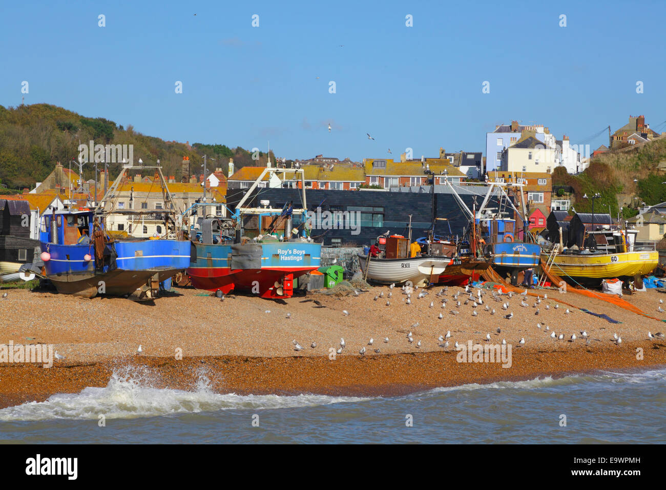 Hastings fishing trawlers on the Old Town Stade beach in front of the Hastings Contemporary Art Gallery,  East Sussex, England, UK. Stock Photo