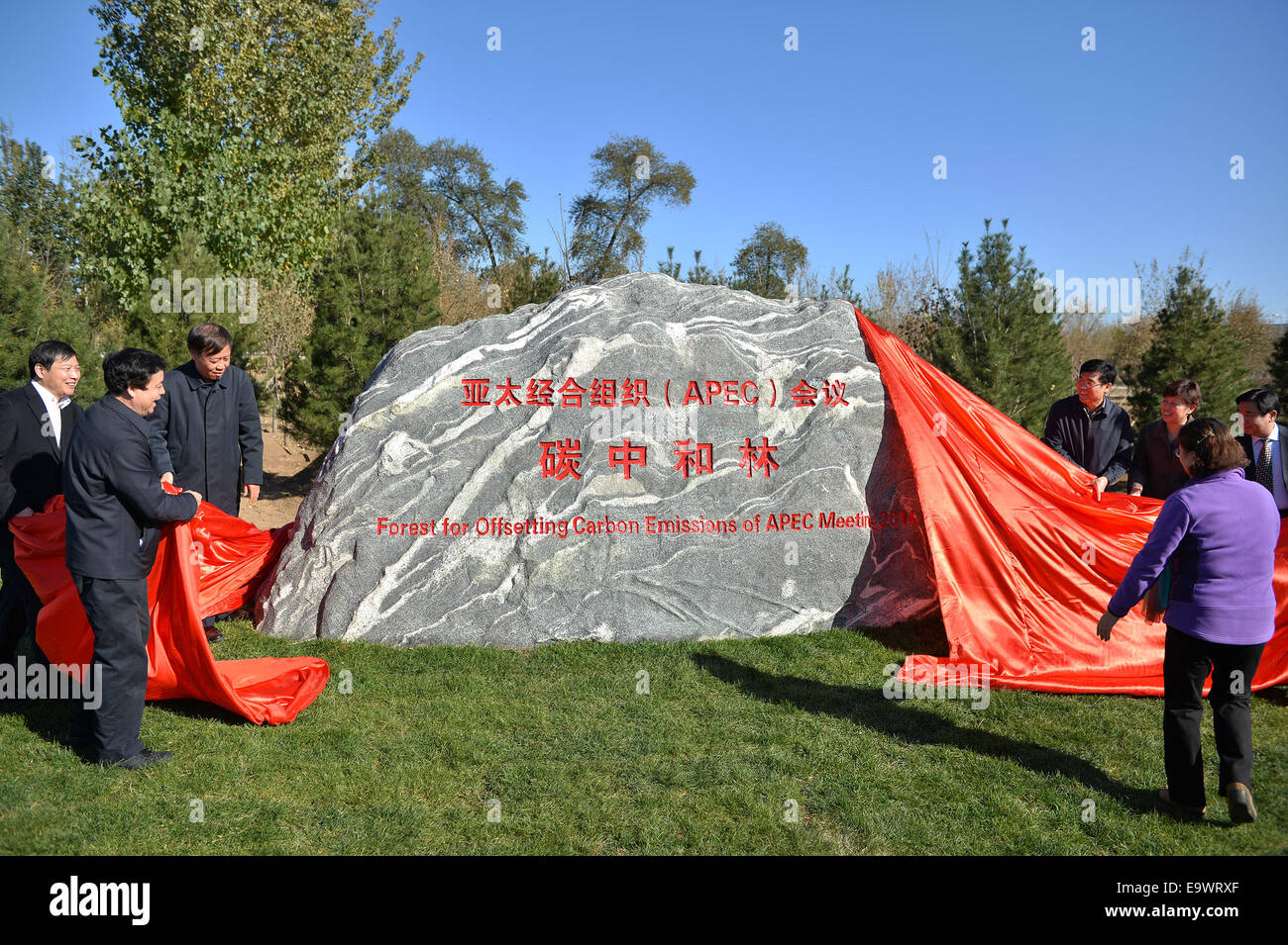 Beijing, China. 3rd Nov, 2014. A stone tablet is unveiled during the launching ceremony of establishing forest for offsetting carbon emission of APEC meeting in Beijing, China, Nov. 3, 2014. The forest will cover an area of 1,274 mu (85 hectares), according to the event organizer. © Li Xin/Xinhua/Alamy Live News Stock Photo
