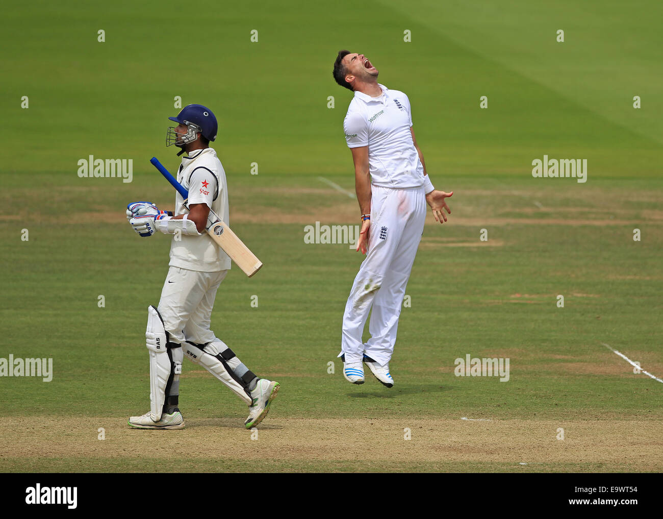 Cricket - James Anderson of England celebrates taking the wicket of Murali Vijay of India at the Lord's Test match in 2014 Stock Photo