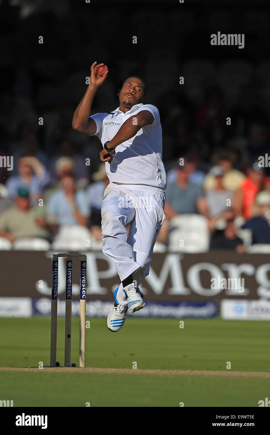 Cricket - Chris Jordan of England bowls against India during the Investec Second Test match at Lord's in 2014 Stock Photo