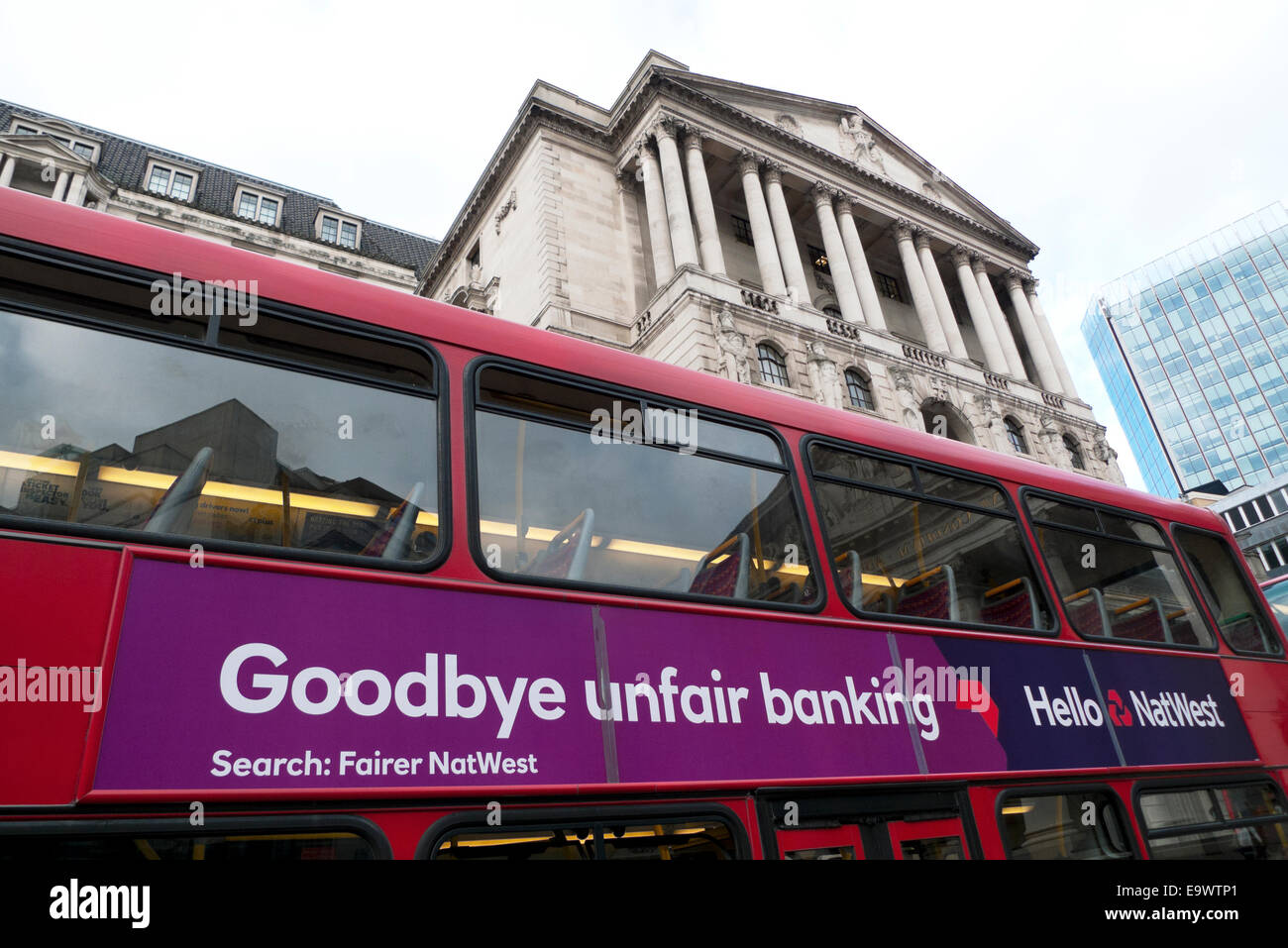 National Westminster (Nat West) bank 'Goodbye unfair banking' advert on double-decker bus by Bank of England Threadneedle St in London UK KATHY DEWITT Stock Photo