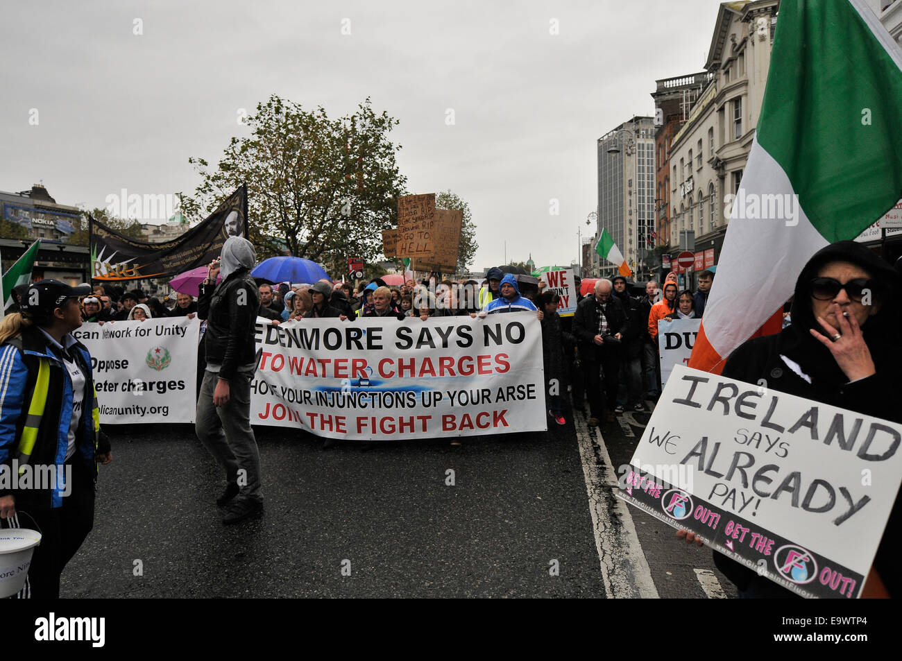 Protest against the water charges in Ireland. They marched around the Liffey and Thousands more protested throughout Ireland. Stock Photo