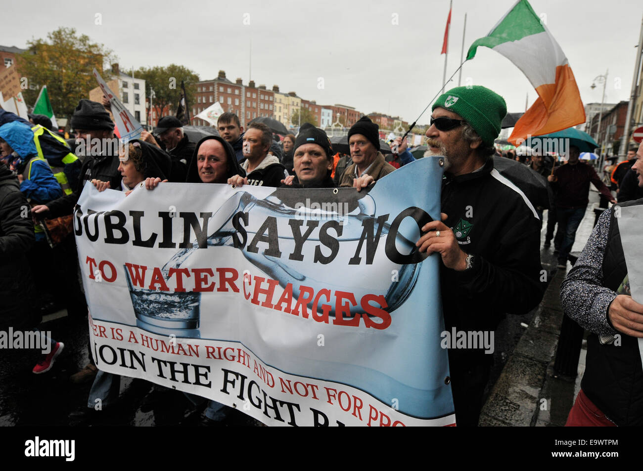 Protest against the water charges in Ireland. They marched around the Liffey and Thousands more protested throughout Ireland. Stock Photo
