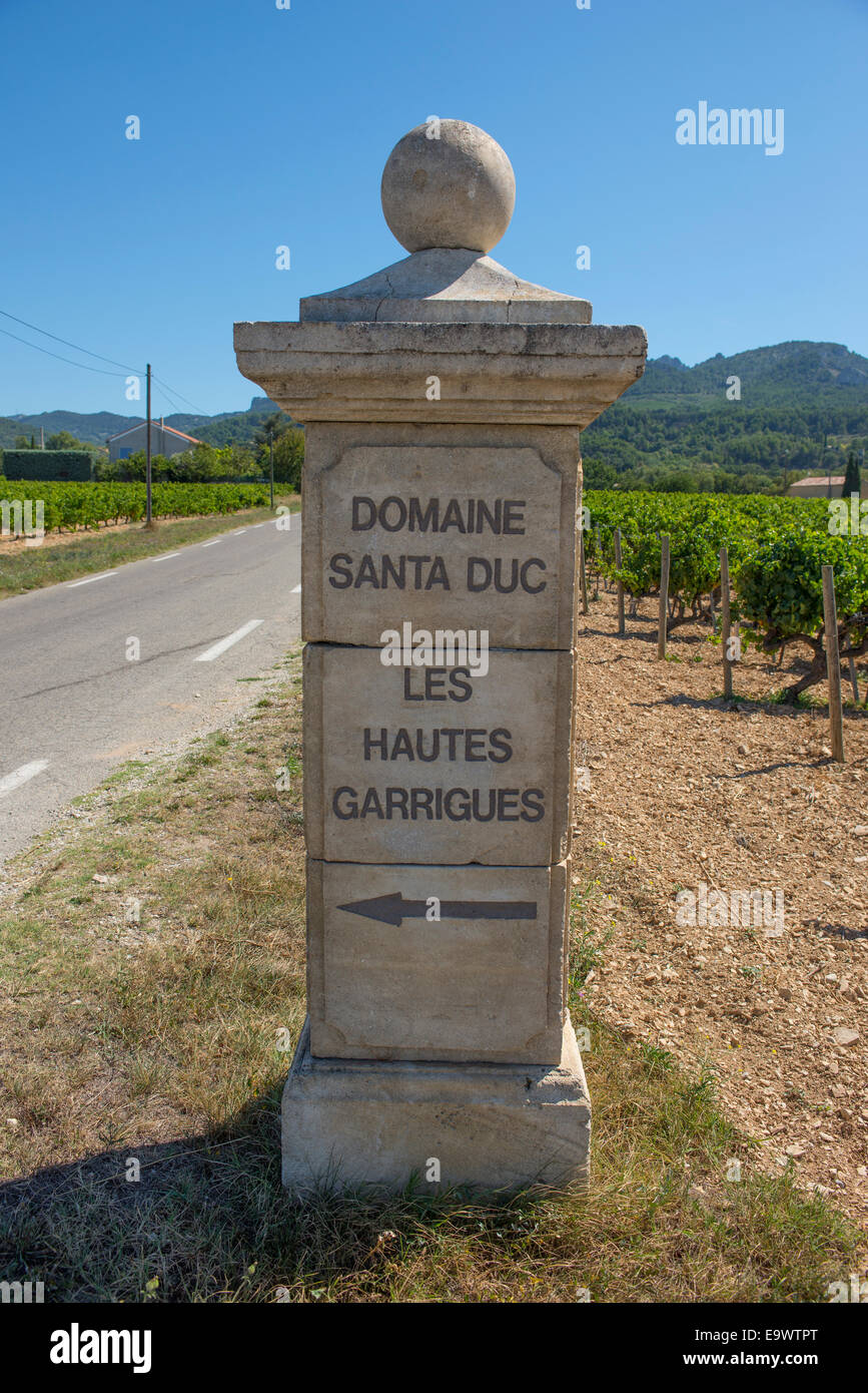 Domaine Santa Duc vineyard sign at Gigondas in The Vaucluse, a Provencal vineyard since the Gallo-Roman period. Stock Photo