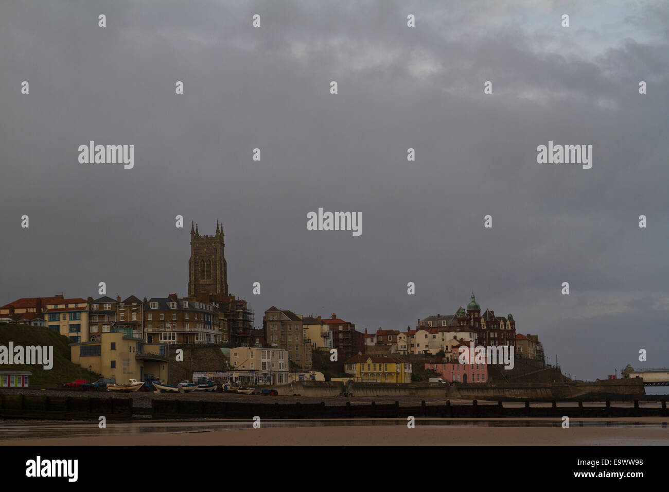 storm clouds over Cromer beach in Norfolk Stock Photo
