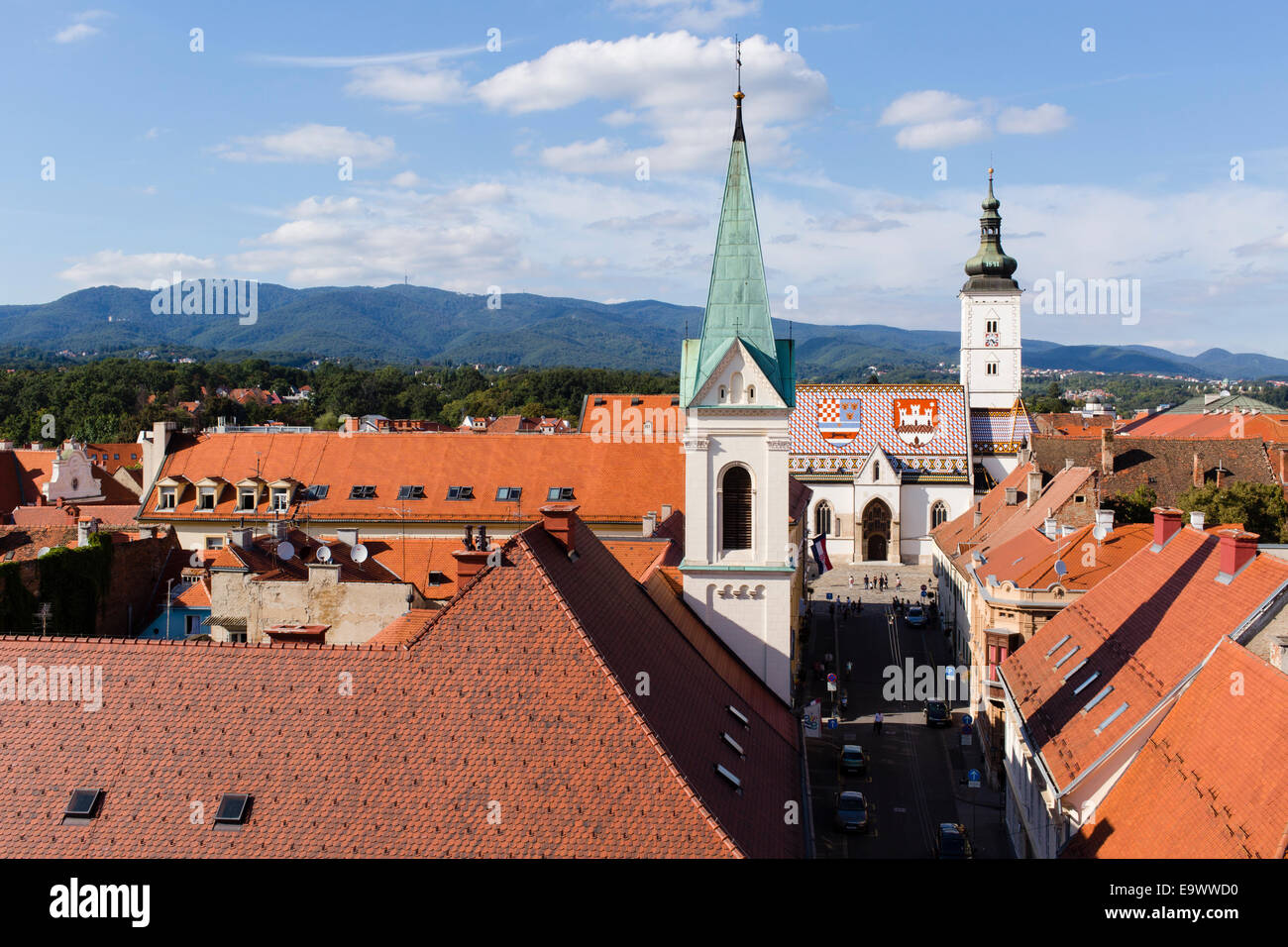 View from the top of Lotrscak Tower towards St Marks Church Spires, Zagreb, Croatia. Stock Photo