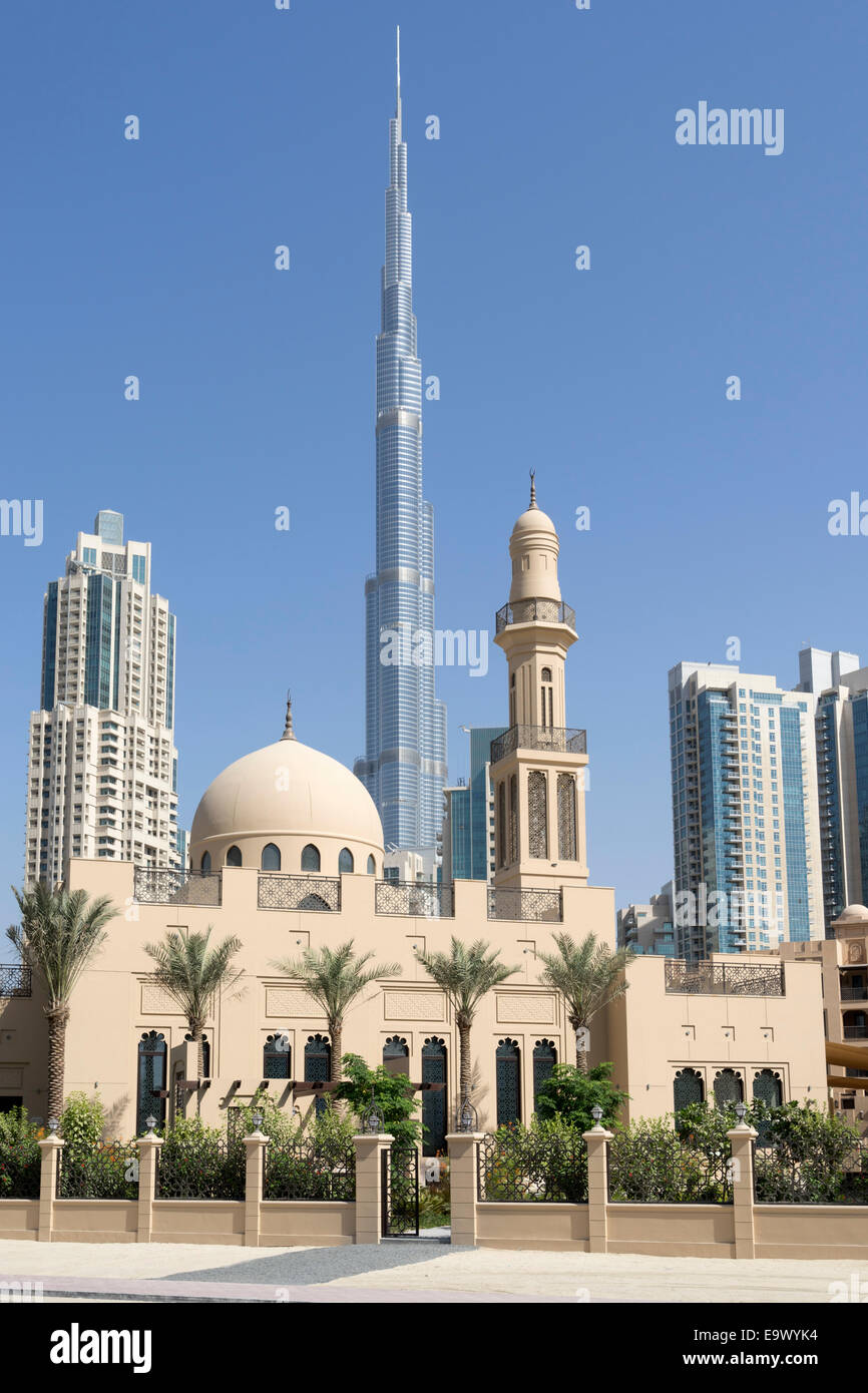 New mosque and view of Burj Khalifa in Downtown Dubai United Arab Emirates Stock Photo