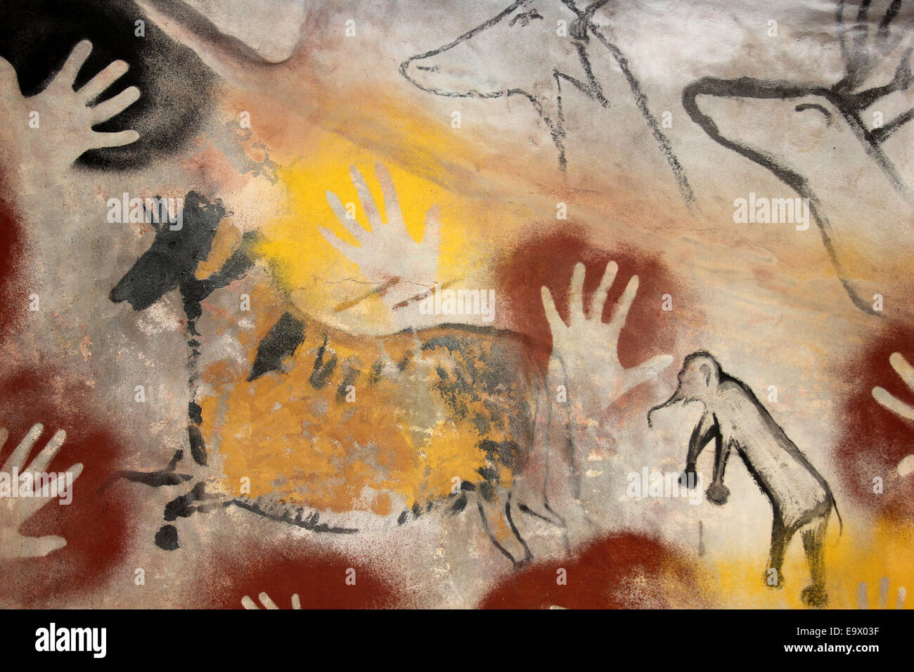 Modern Reproduction Of Cave Paintings And Hand Stencil Prints Stock Photo
