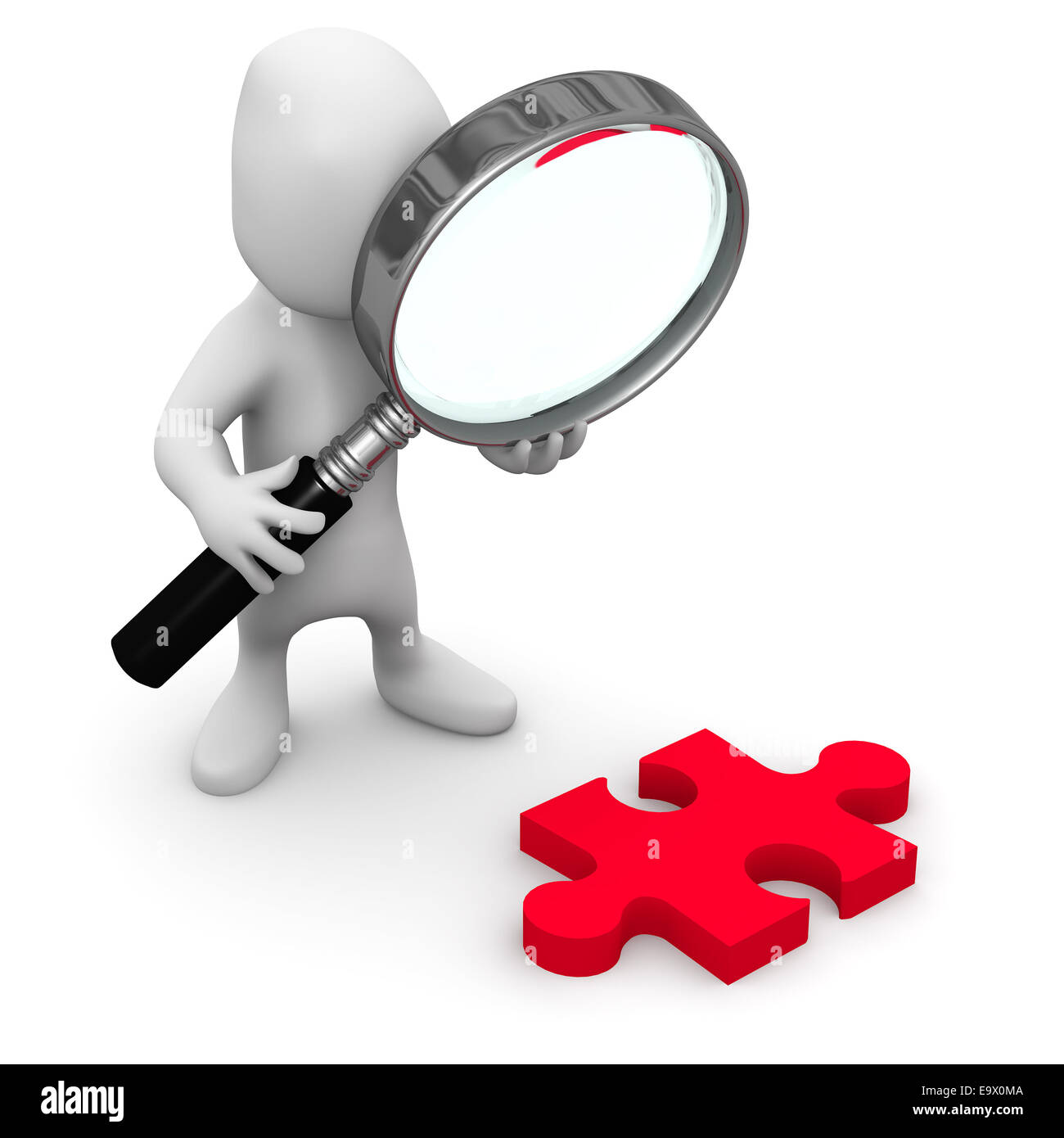 3d render of a little person looking at a piece of a jigsaw puzzle through  a magnifying glass Stock Photo - Alamy