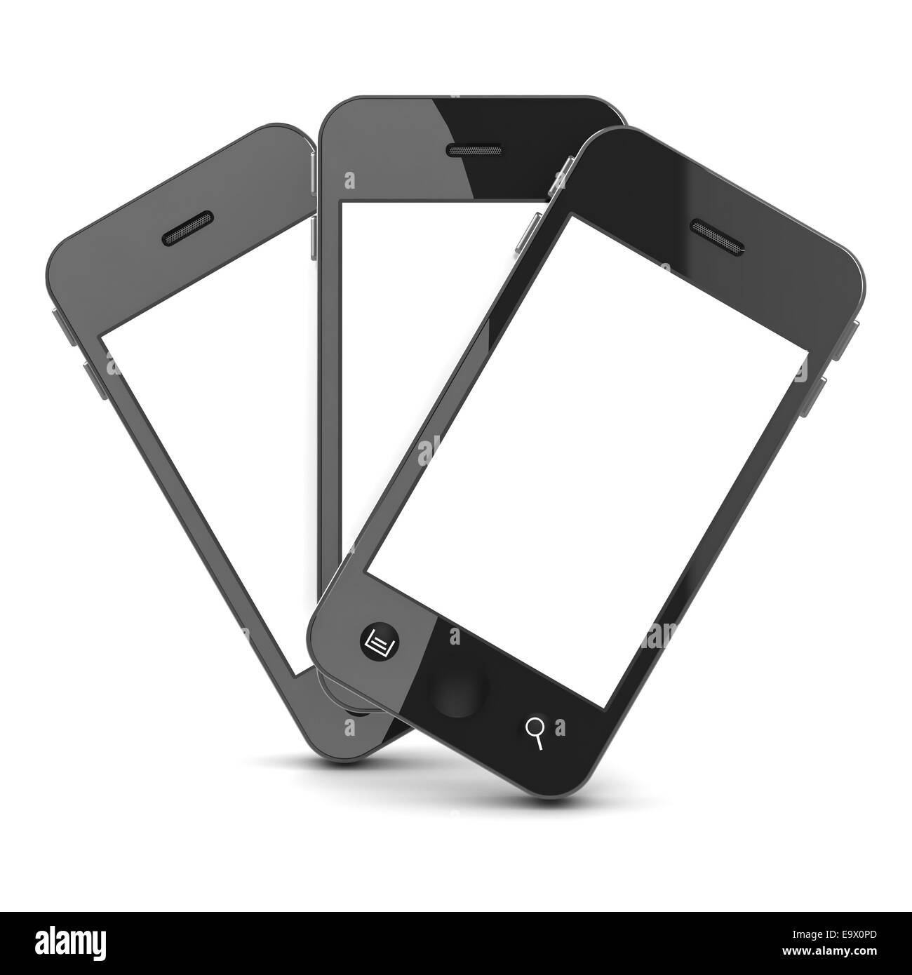 3d render of three smartphones with blank white screens Stock Photo