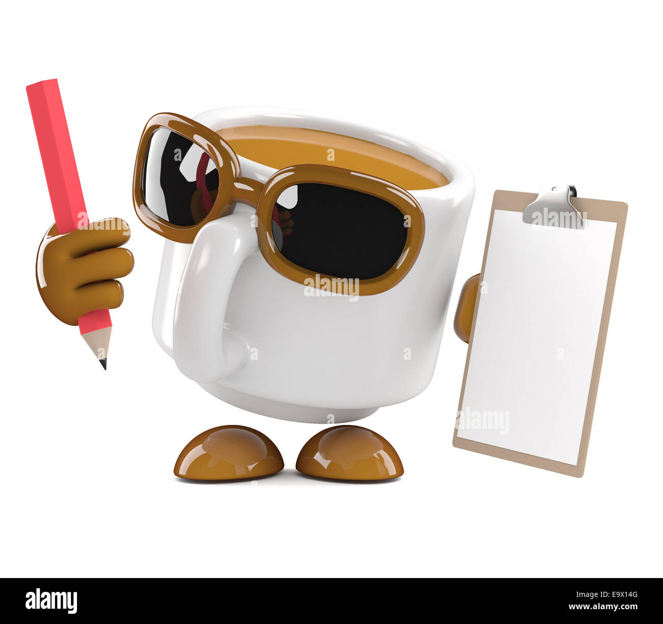 3d render of a coffee cup character holding a clipboard and pencil ...