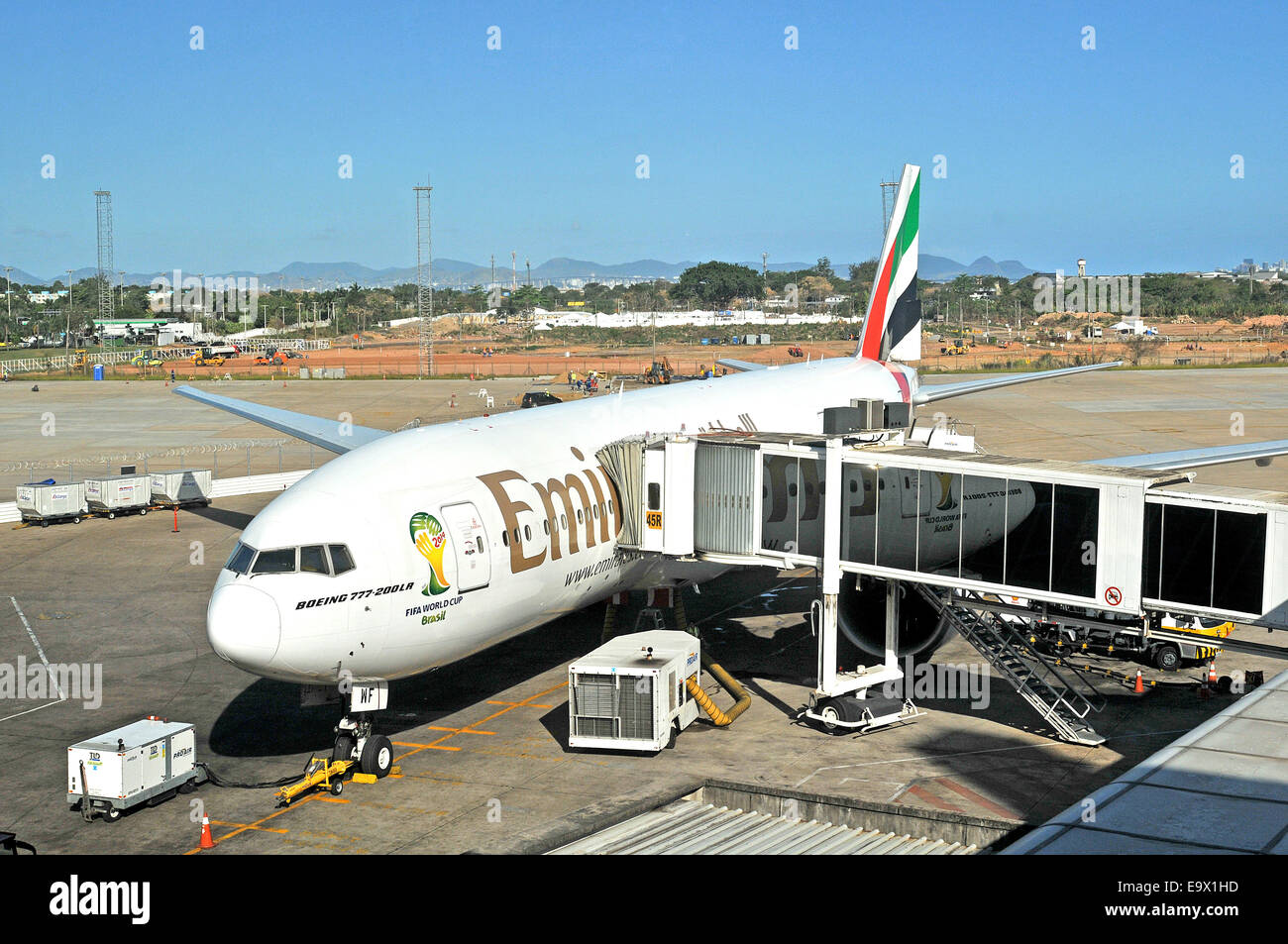 Boeing 777-200 of Emirates airlines in Galeao international airport Rio De Janeiro Brazil Stock Photo