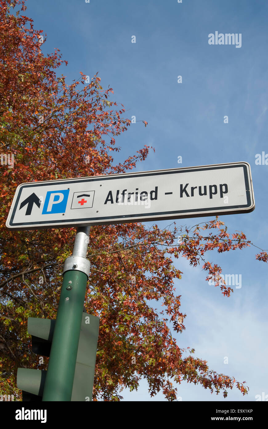 road sign, essen, germany, giving directions to alfried krupp hospital Stock Photo