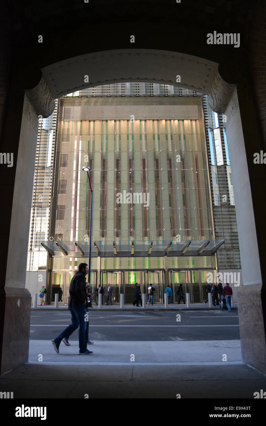 New York, USA. 02nd Nov, 2014. Across the street from the entrance to One World Trade Center on its opening day in Lower Manhattan. Credit:  Christopher Penler/Alamy Live News Stock Photo