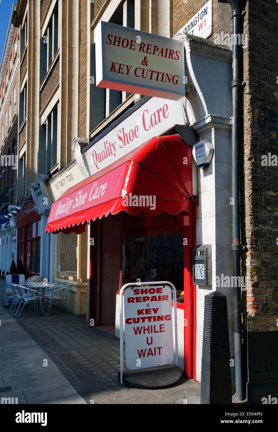 Shoe repair & Key-cutting shop, Paddington  Street, March 2012, London, UK Stock Photo