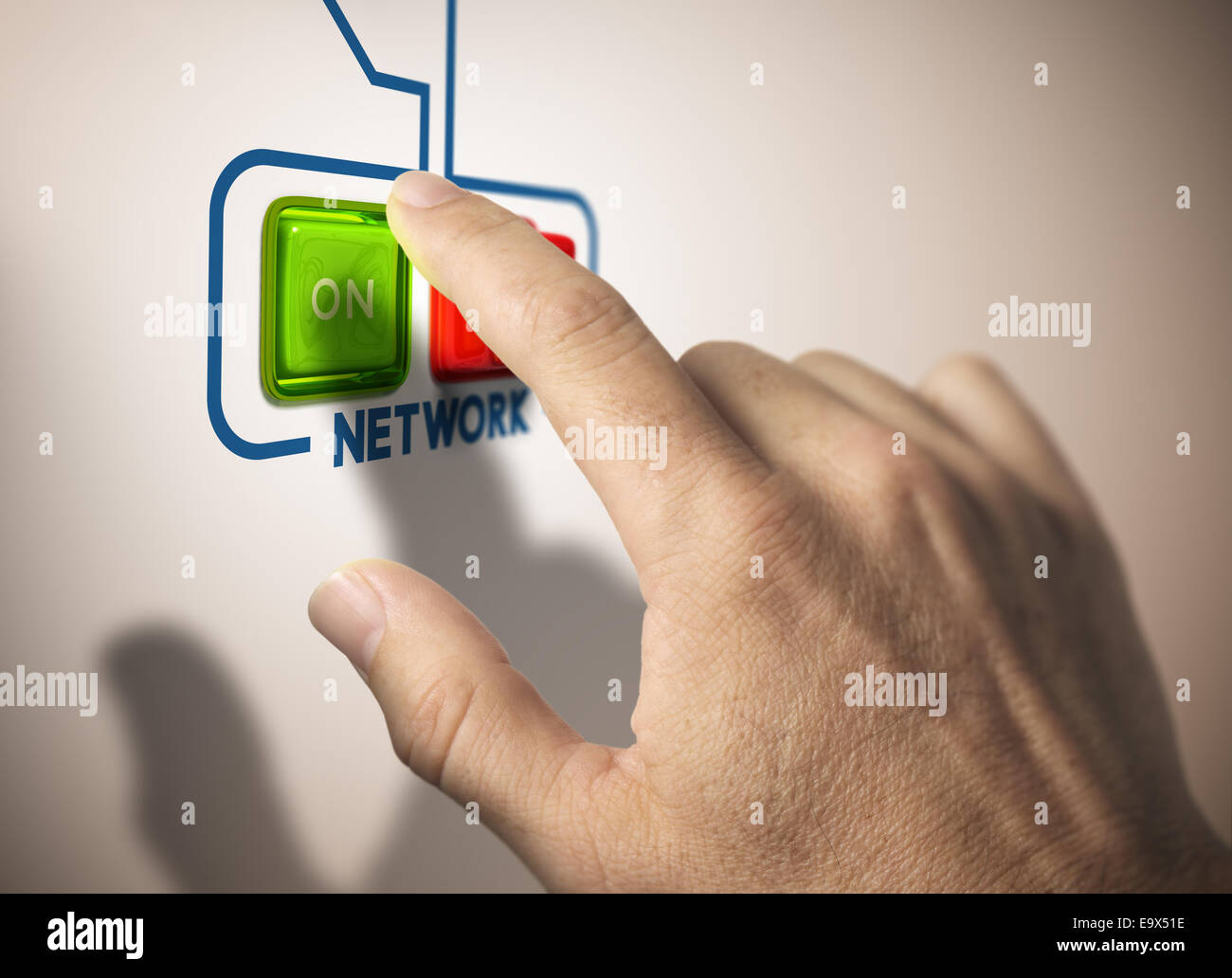 One finger pressing on button. Concept of networking or network activation Stock Photo