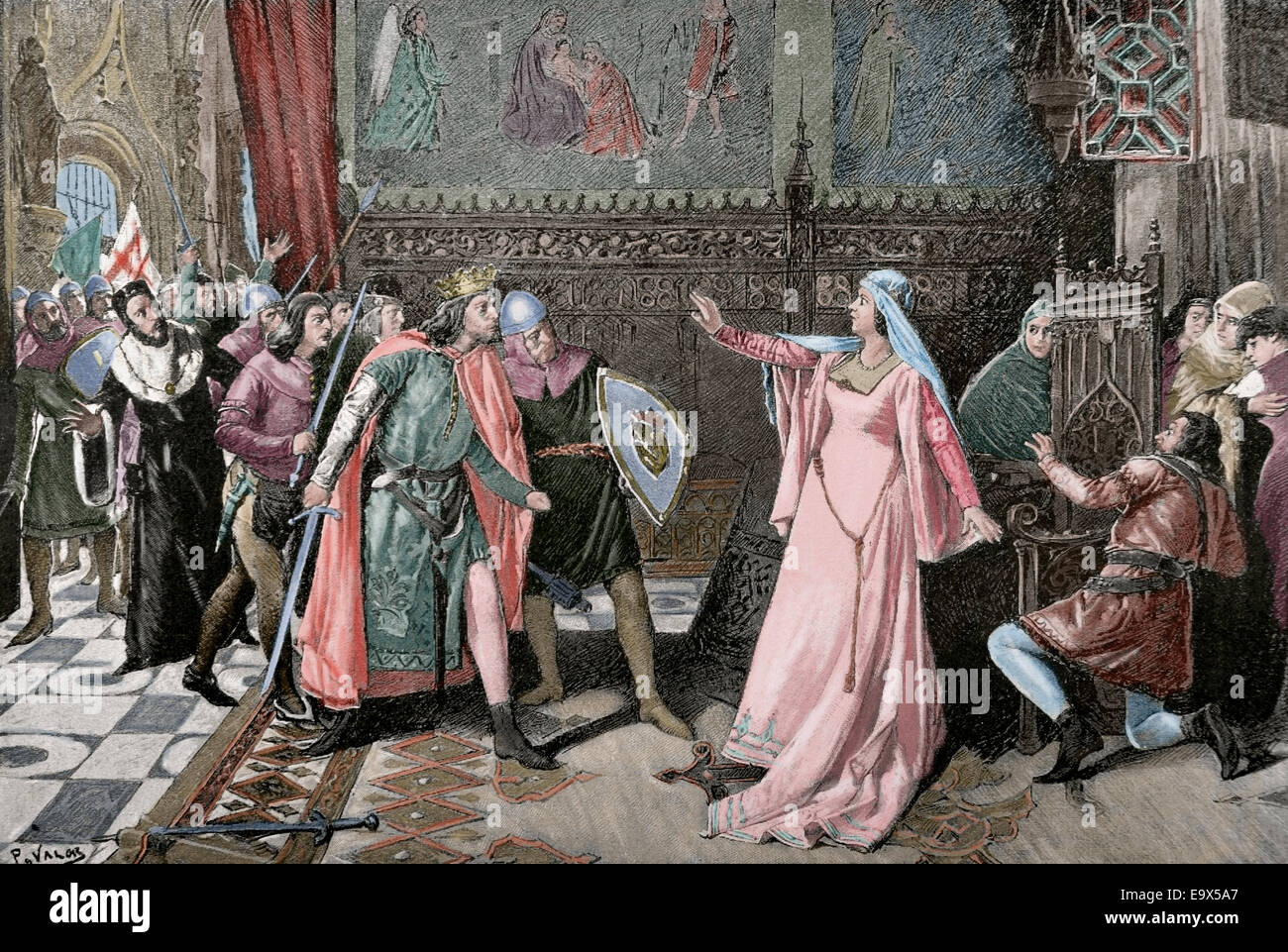 Maria de Molina (1265-1321). Queen regent. Maria defending the infant Don Juan. Engraving. Colored. Stock Photo