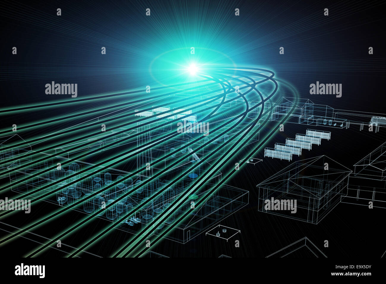 Wire-frame industrial buildings with light on dark background Stock ...