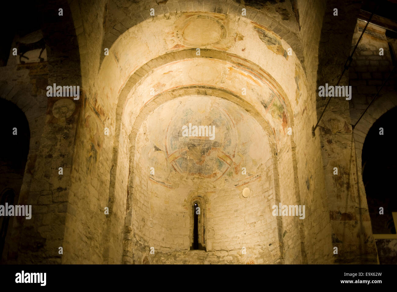 Mapping of fresco. Sant Climent de Taull romanesque church. Taull, Vall de Boi, Lleida, Catalonia, Spain. Stock Photo