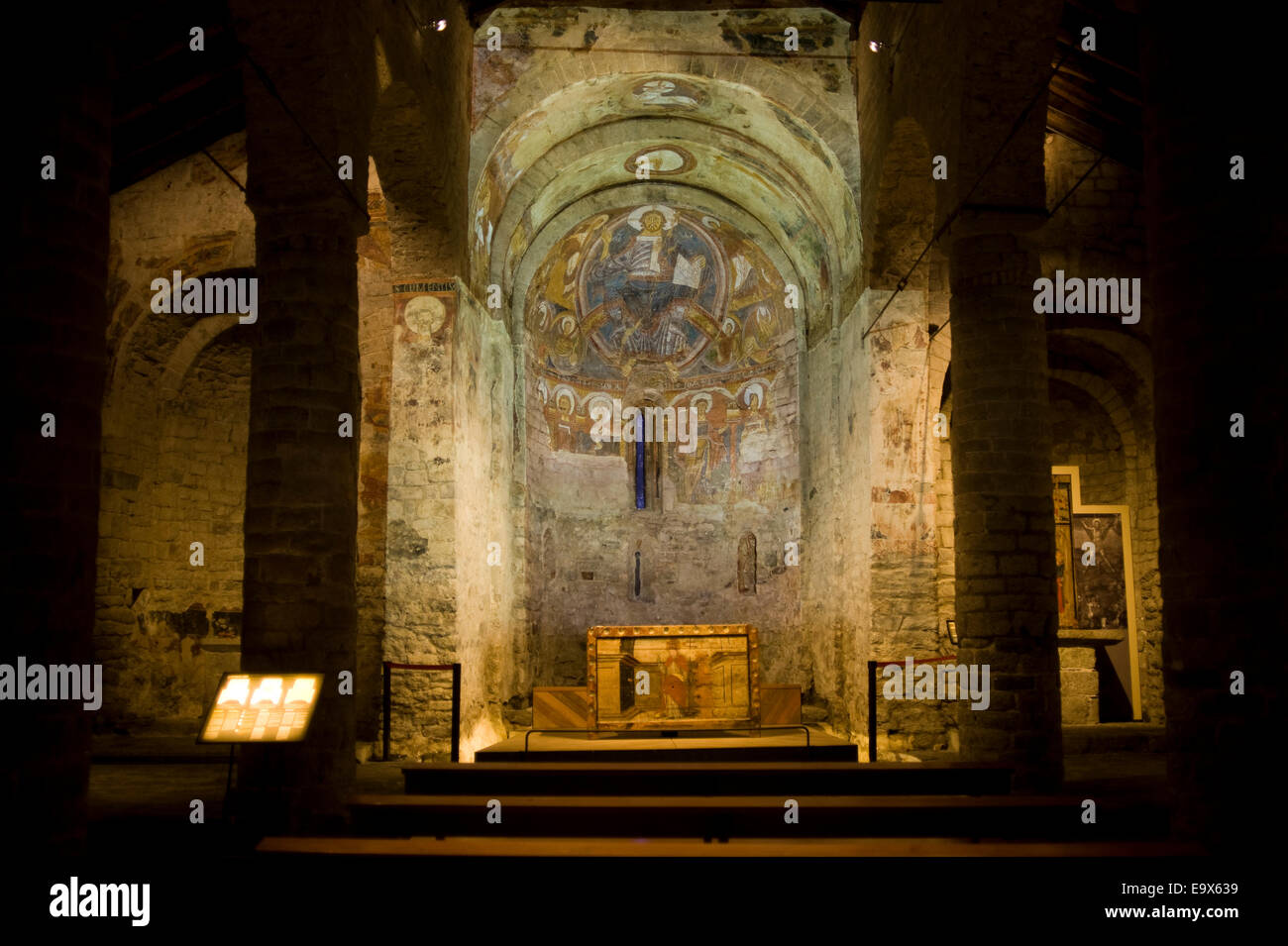 Mapping of fresco. Sant Climent de Taull romanesque church. Taull, Vall de Boi, Lleida, Catalonia, Spain. Stock Photo
