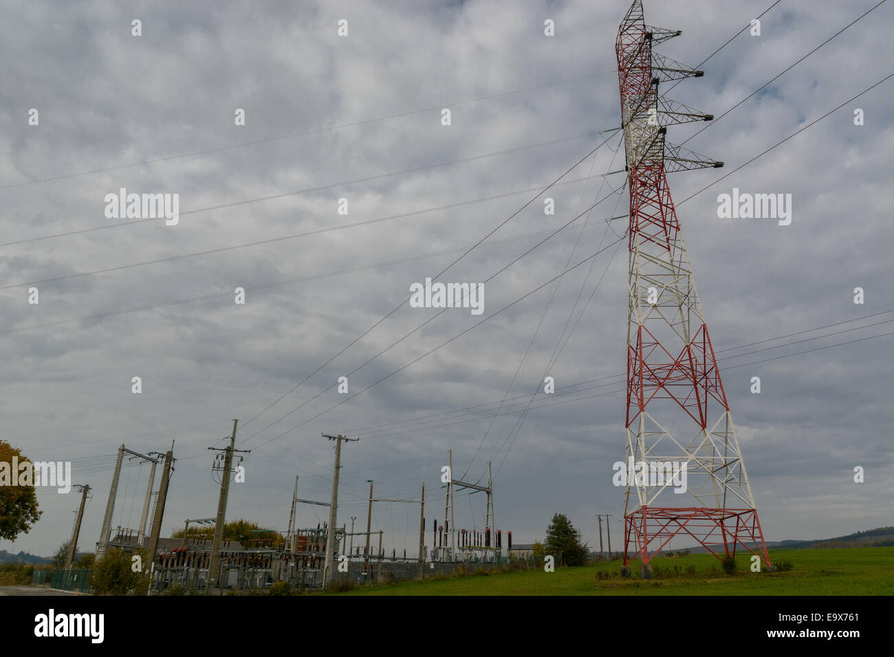 Electricity blackout junction and pylon in the dark Stock Photo Alamy
