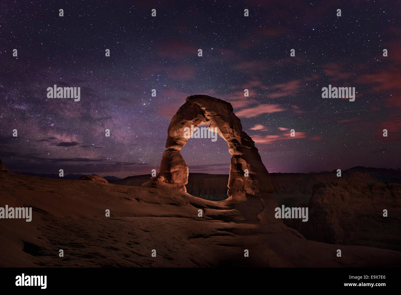 Delicate Arch rock formation light painted at night in Arches National