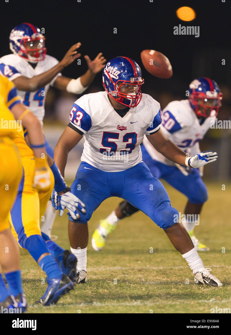 October 4, 2014, La Puente, CA.Gardena Serra cavaliers offenisve line (53) Steven Winn in action during the Bishop Amat upset of the Cavaliers at Bishop Amat high school on October 3, 2014. The Cavaliers who are usually a nationally ranked high school football team, were upset by Bishop Amat 14 - 7. (Mandatory Credit: Ed Ruvalcaba/MarinMedia.org) (Complete photographer, and company credit required) Stock Photo