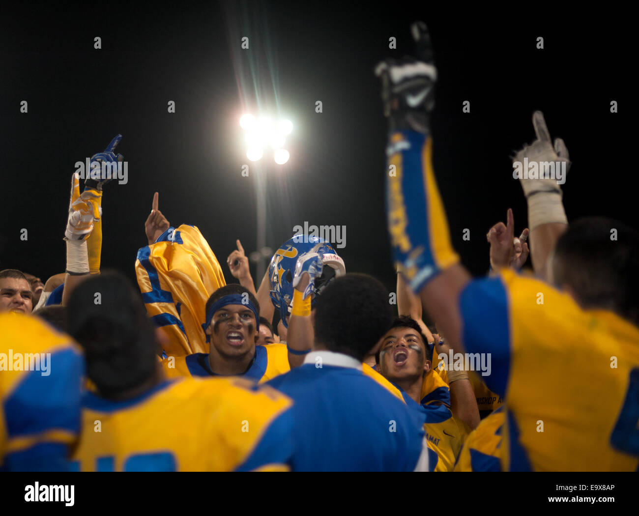 October 4, 2014, La Puente, CA.Gardena Serra cavaliers celebrating after the Bishop Amat upset of the Cavaliers at Bishop Amat high school on October 3, 2014. The Cavaliers who are usually a nationally ranked high school football team, were upset by Bishop Amat 14 - 7. (Mandatory Credit: Ed Ruvalcaba/MarinMedia.org) (Complete photographer, and company credit required) Stock Photo