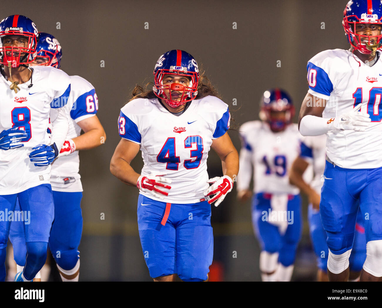 October 4, 2014, La Puente, CA.Gardena Serra cavaliers linebacker (43) Sam Wendt in action during the Bishop Amat upset of the Cavaliers at Bishop Amat high school on October 3, 2014. The Cavaliers who are usually a nationally ranked high school football team, were upset by Bishop Amat 14 - 7. (Mandatory Credit: Ed Ruvalcaba/MarinMedia.org) (Complete photographer, and company credit required) Stock Photo