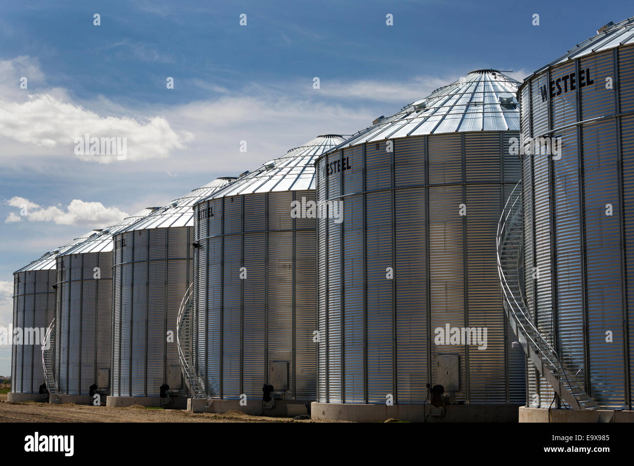 Large metal grain bins in a row with staircases and blue sky and hazy