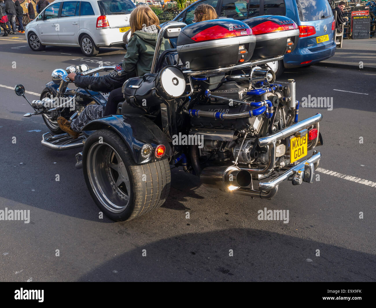 Rear view of a Boom Custom Trike powered by a supercharged V-eight Jaguar engine Stock Photo