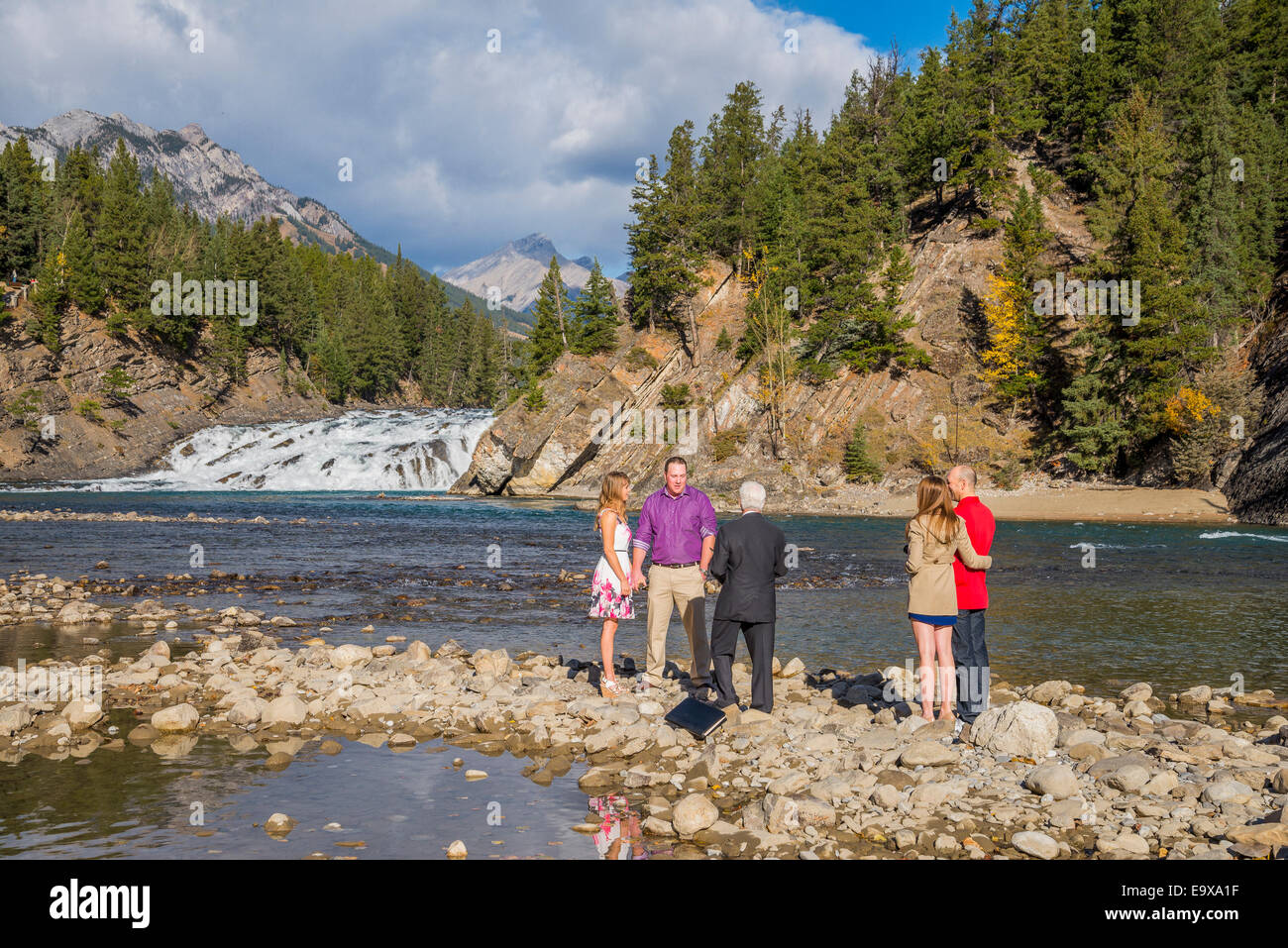 Outdoor Destination Wedding At Bow Falls Banff National Park