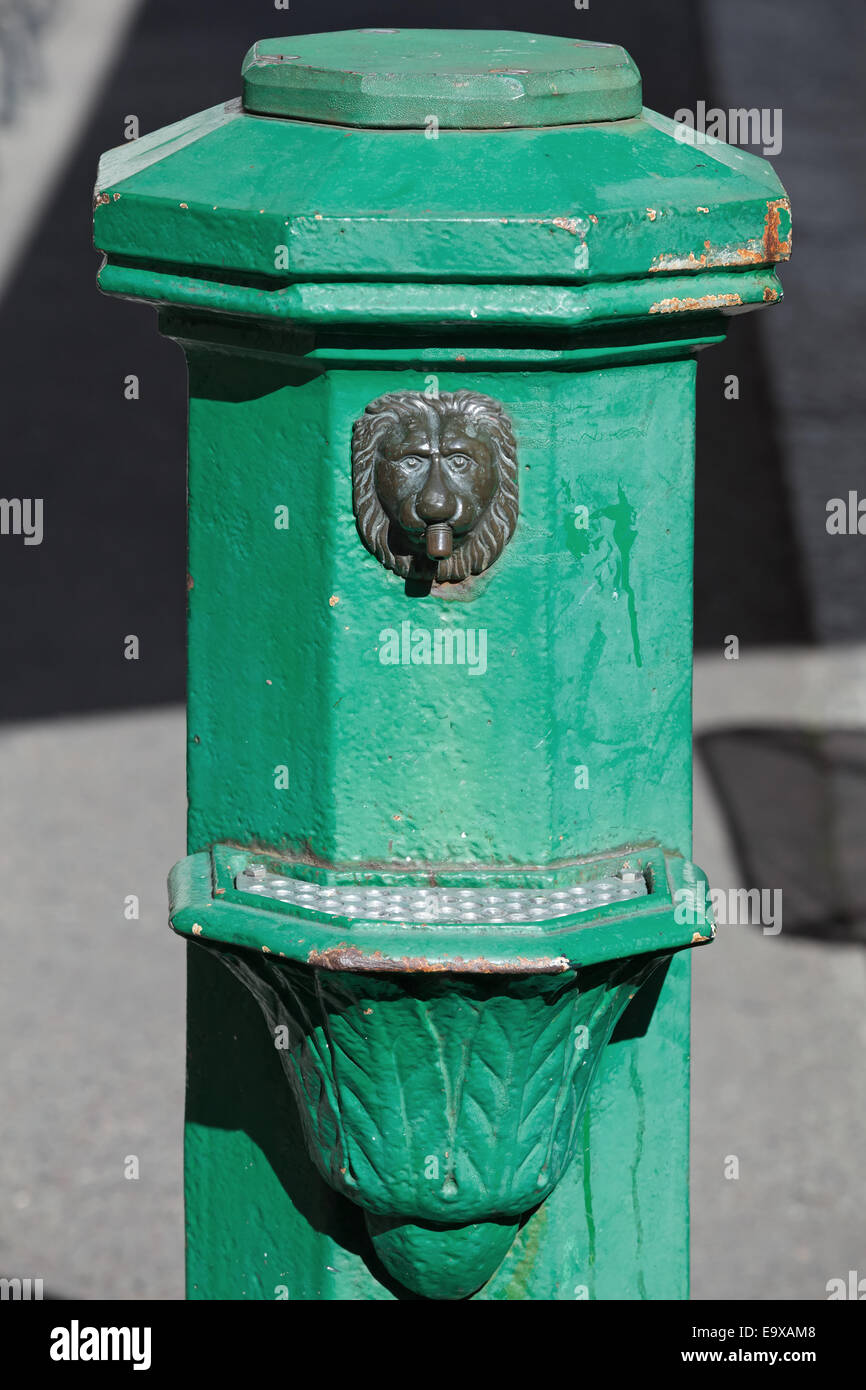 Old green street drinking fountain with clear water decorated with lion head. Helsinki, Finland Stock Photo