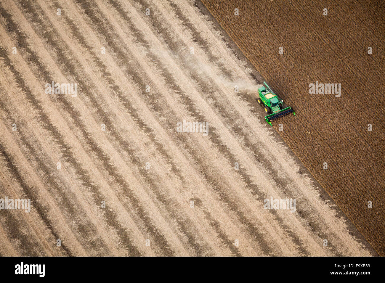 Aerial photo of crop being harvested. Stock Photo