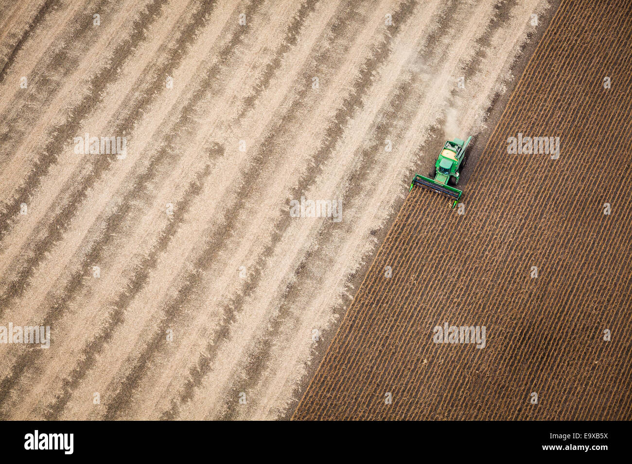 Aerial photo of crop being harvested. Stock Photo