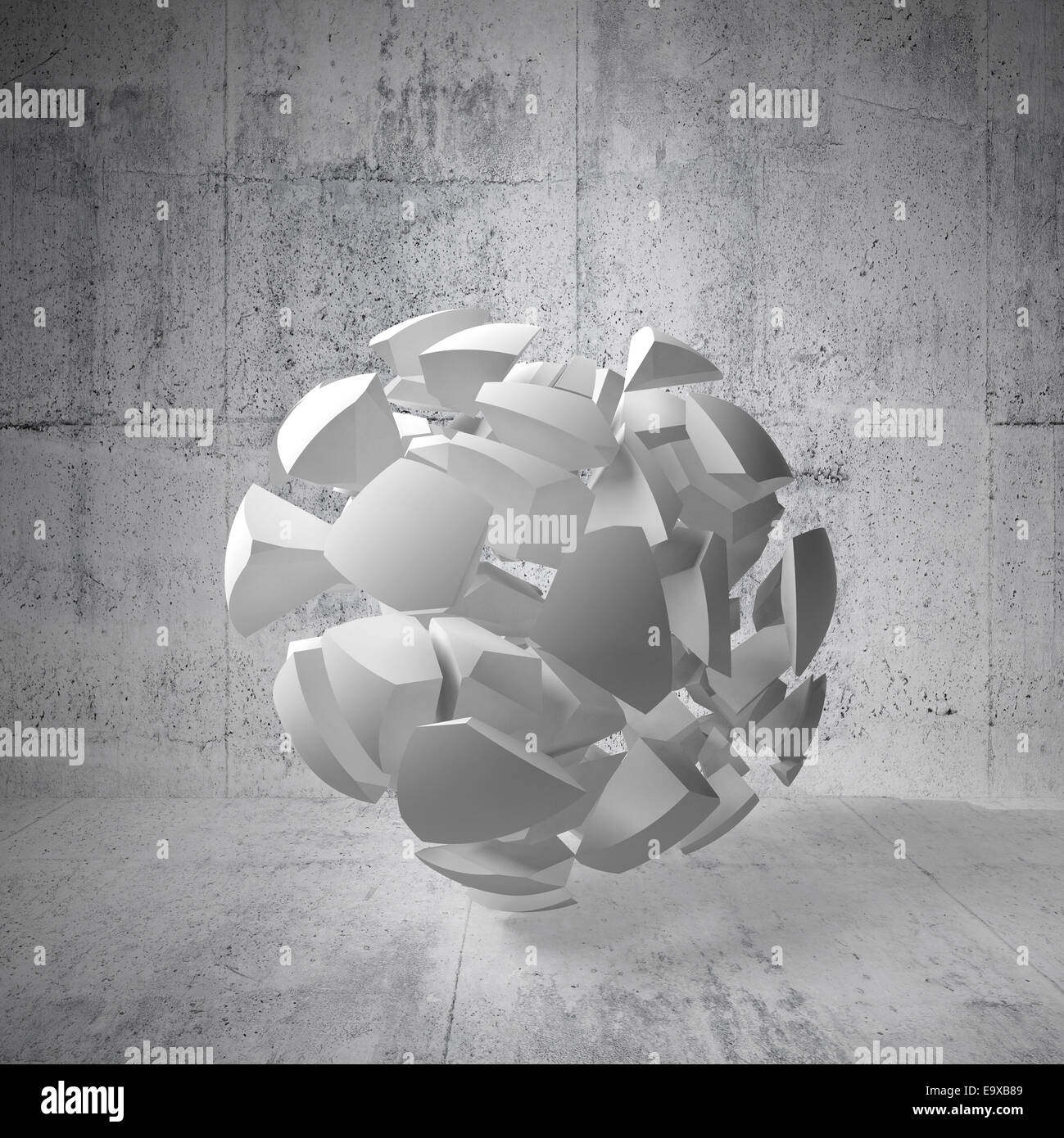 Abstract 3d background with white fragments of big sphere in empty concrete interior Stock Photo