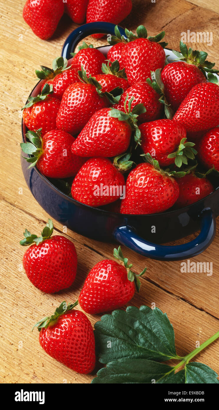 Agriculture - Strawberries in a blue metal bowl on wood Stock Photo - Alamy