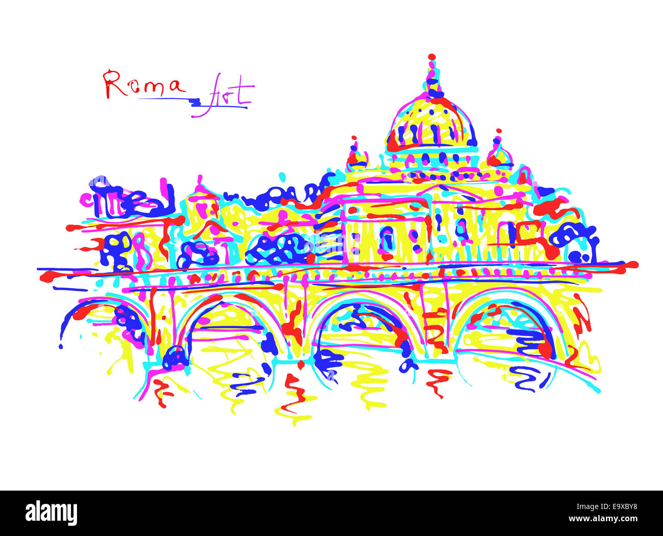 famous place of Rome Italy, original drawing in rainbow colours Stock Photo