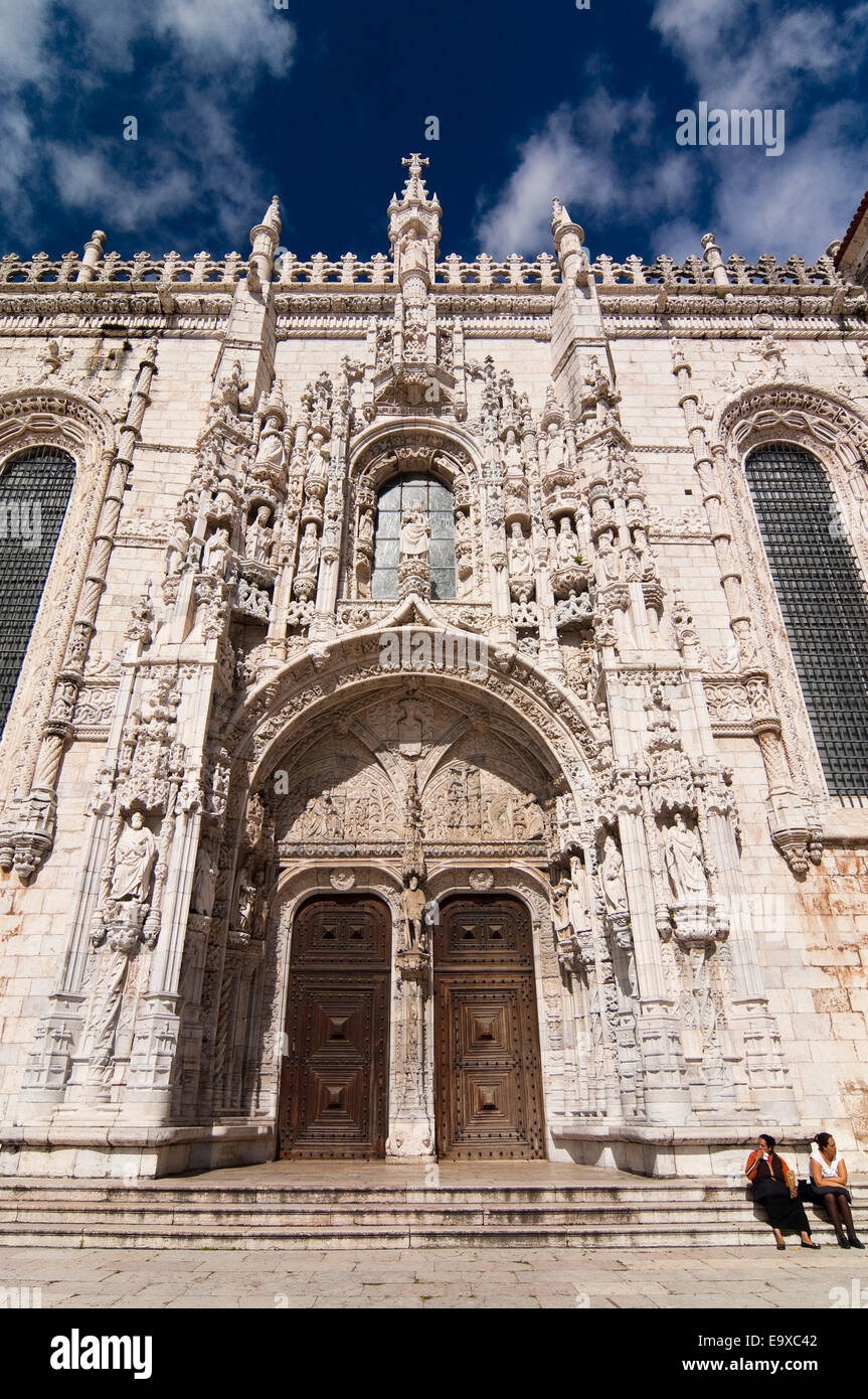 Vertical close up of the stunning decorative south portal of Jeronimos Monastery in Belem, Lisbon Stock Photo